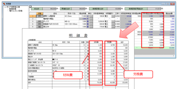 材料費と労務費を横並びに計上